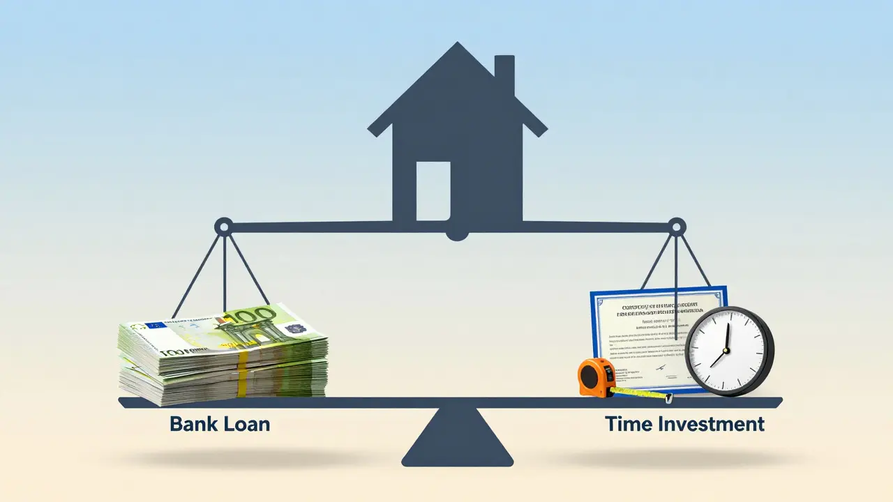 Waage mit Kreditbeträgen auf einer Seite und Werkzeug sowie Zeit auf der anderen Seite.