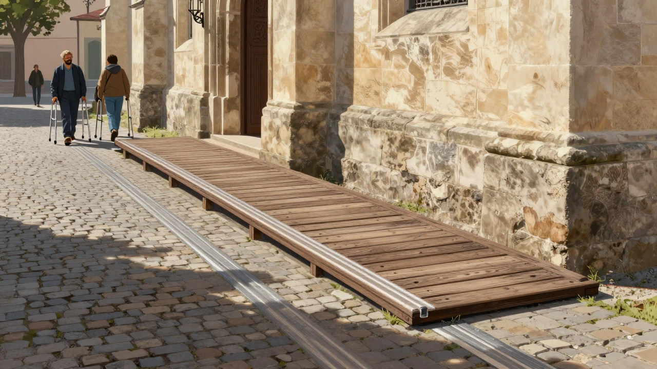 Wooden ramp alongside a church, blending with stone and cobblestones, tactile strips on the path.