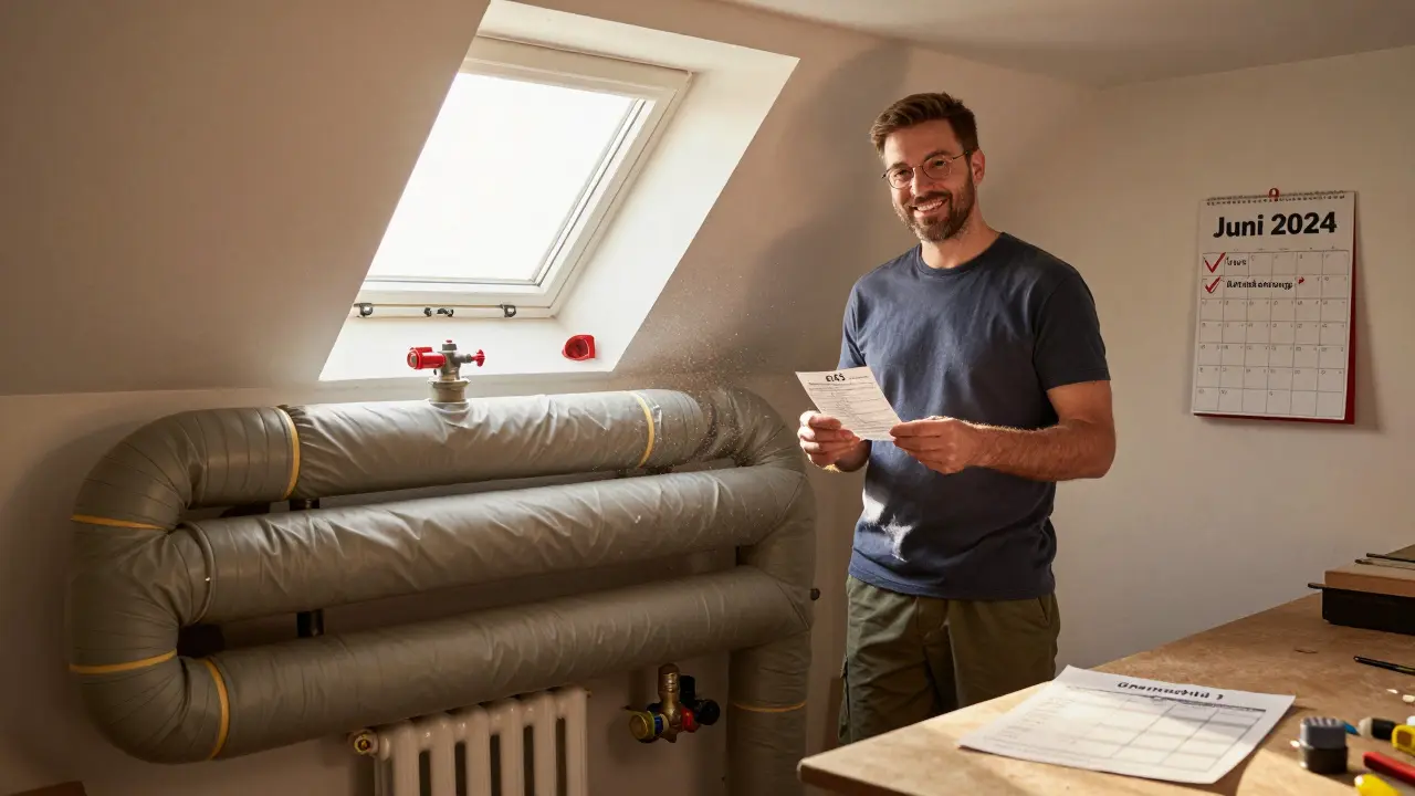 Zufriedener Heimwerker neben frisch gedämmten Rohren im Keller, mit Rechnung und gesenkter Gasrechnung auf dem Tisch.