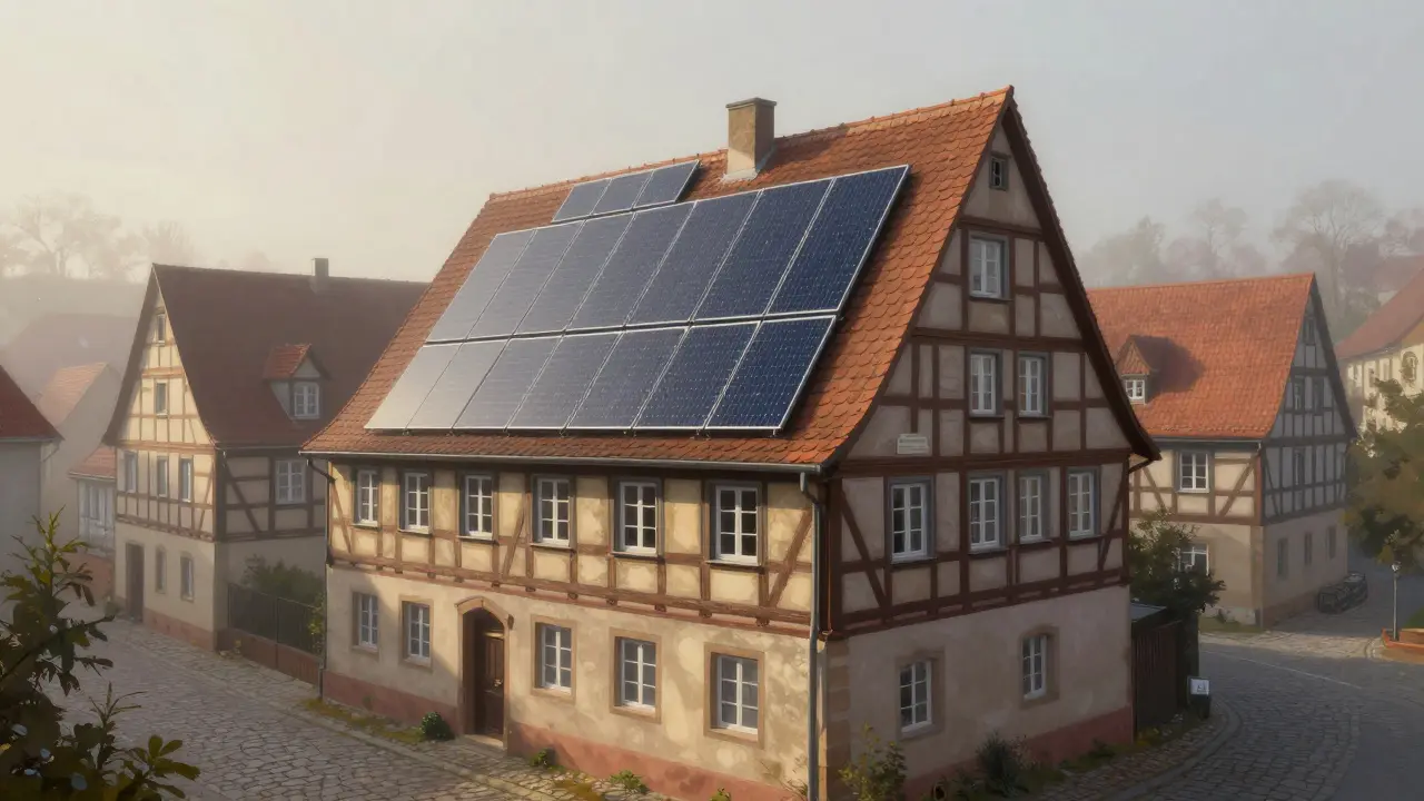 Denkmalgeschütztes Haus mit integrierten Solardächern, die wie traditionelle Ziegel aussehen.