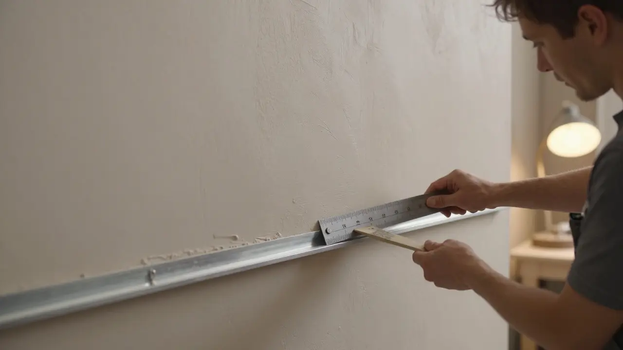 Ein Profi zieht mit einer Abziehlatte den Oberputz glatt, die Wand ist perfekt eben und texturiert.