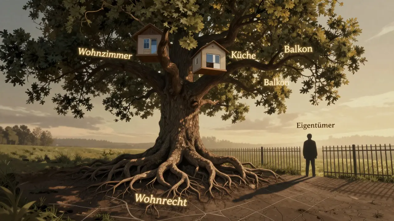 Ein Wohnrecht als tief verwurzelter Baum, der die Räume eines Hauses mit seinen Ästen verbindet.