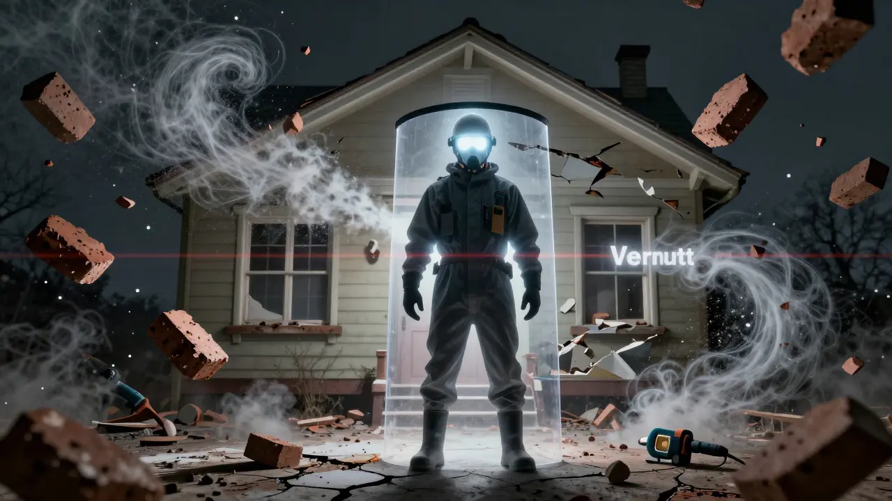 Eine Silhouette in voller Sicherheitsausrüstung steht sicher inmitten von verborgenen Gefahren eines alten Hauses.