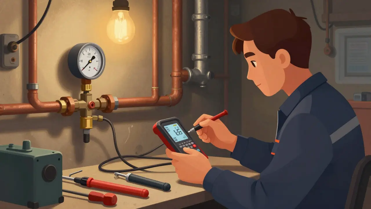 Fachmann misst den Wasserdruck an einem Druckminderer im Keller.