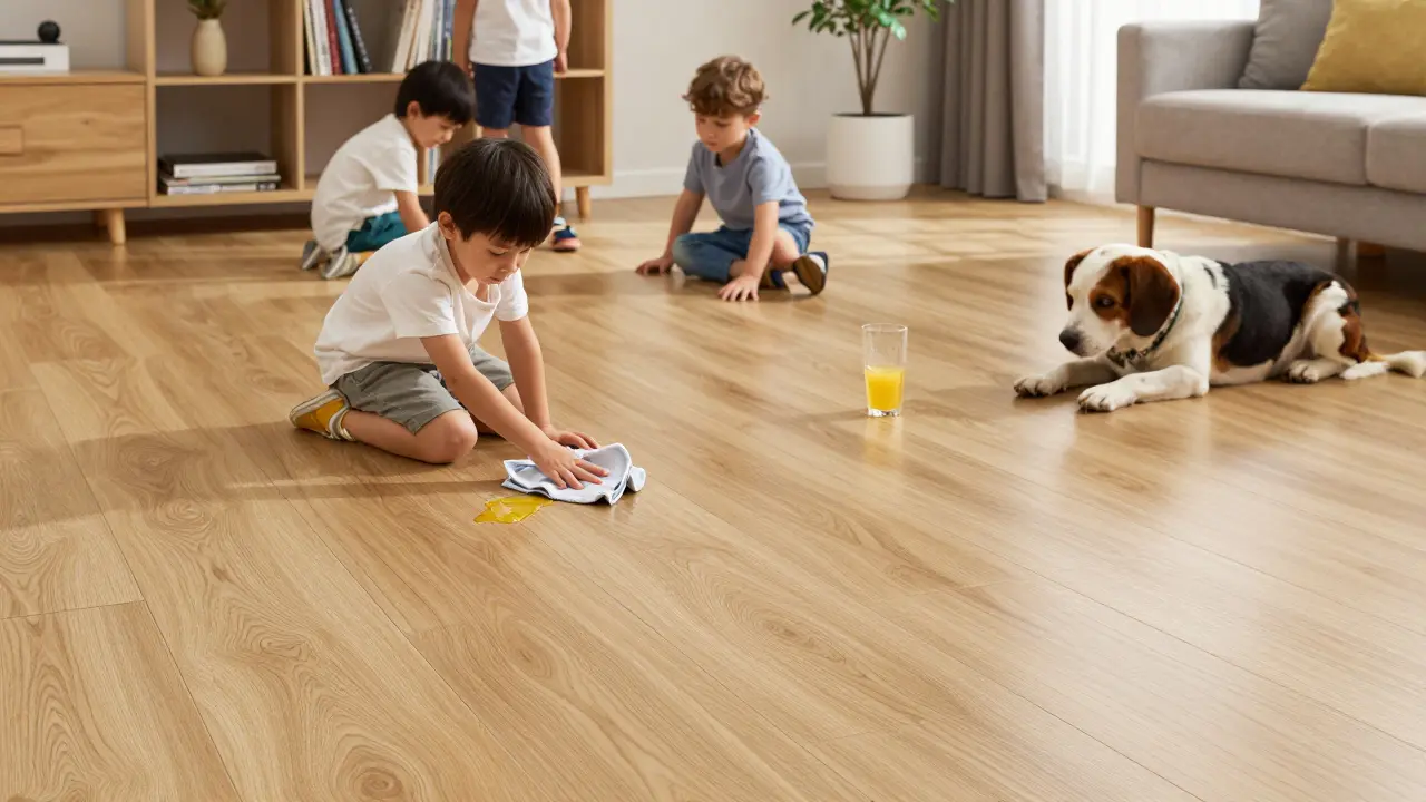 Familienwohnzimmer mit wasserfestem Vinylboden, Kindern und einem Hund auf dem Boden.