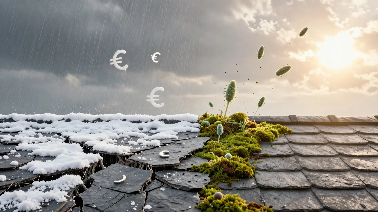 Geknicktes, undichtes Dach links, gesundes Dach mit biologischer Reinigung rechts – Kontrast der Kosten.