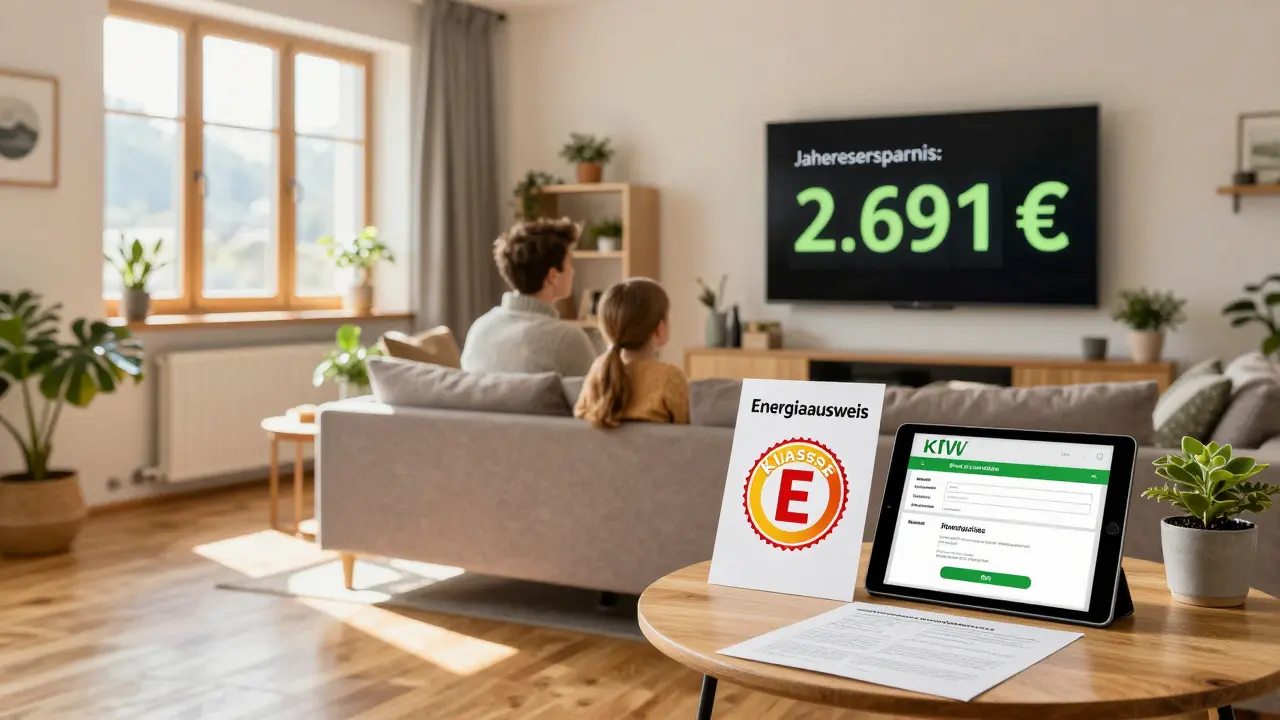 Gemütliches Wohnzimmer mit energieeffizienten Fenstern und Anzeige der jährlichen Energieeinsparung.