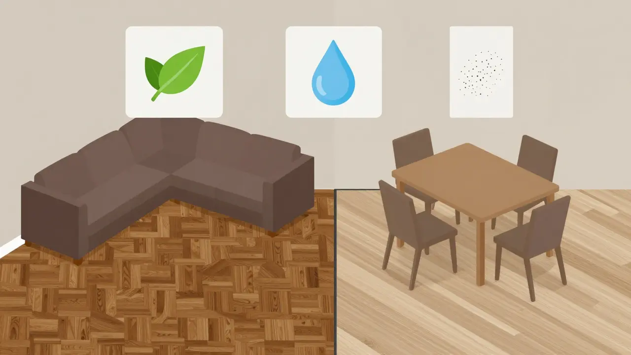 Gespaltenes Wohnzimmer mit Parkett und Vinyl, verbunden durch einen schmalen Übergang.