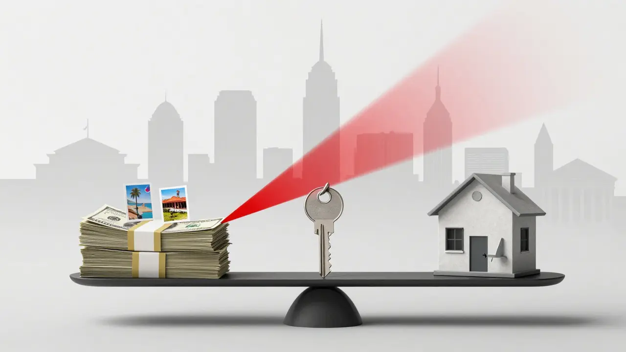 Gigantische Waage mit Wohnschlüssel gegen Ferienvermietung: Bargeld, Poster und leere Möbel.