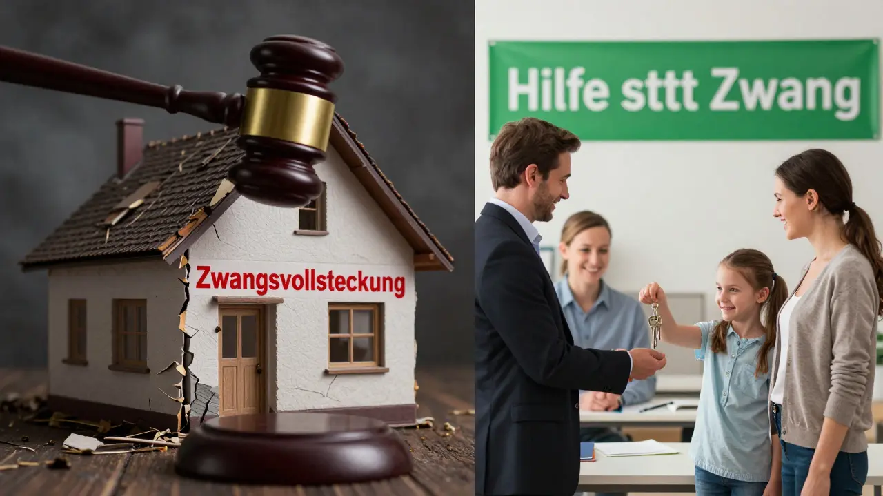 Haus mit zwei Seiten: linke Seite drohende Zwangsversteigerung, rechte Seite sichere Lösung mit Anwalt und Banner.