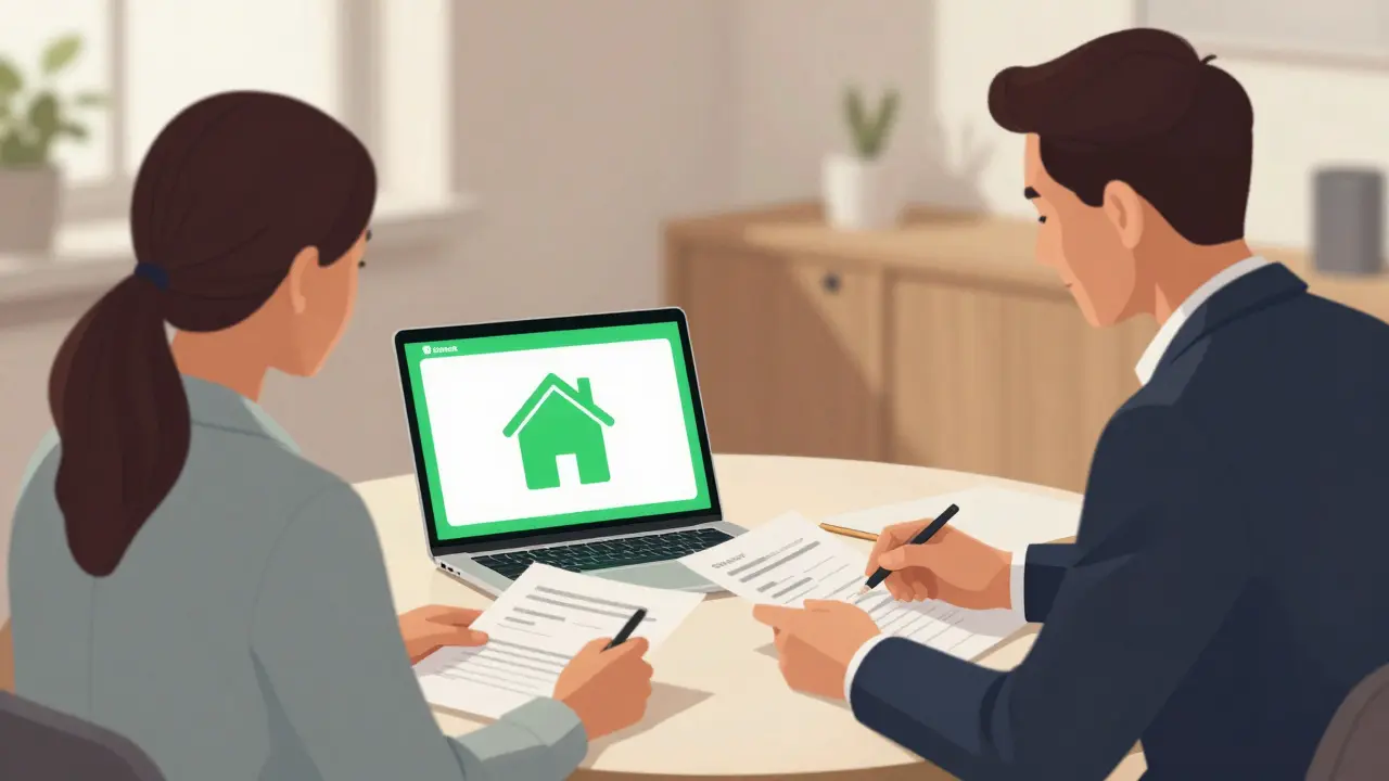 Hausbesitzer und Bankberater besprechen eine Umschuldung in einem modernen Büro mit Laptop und Dokumenten.