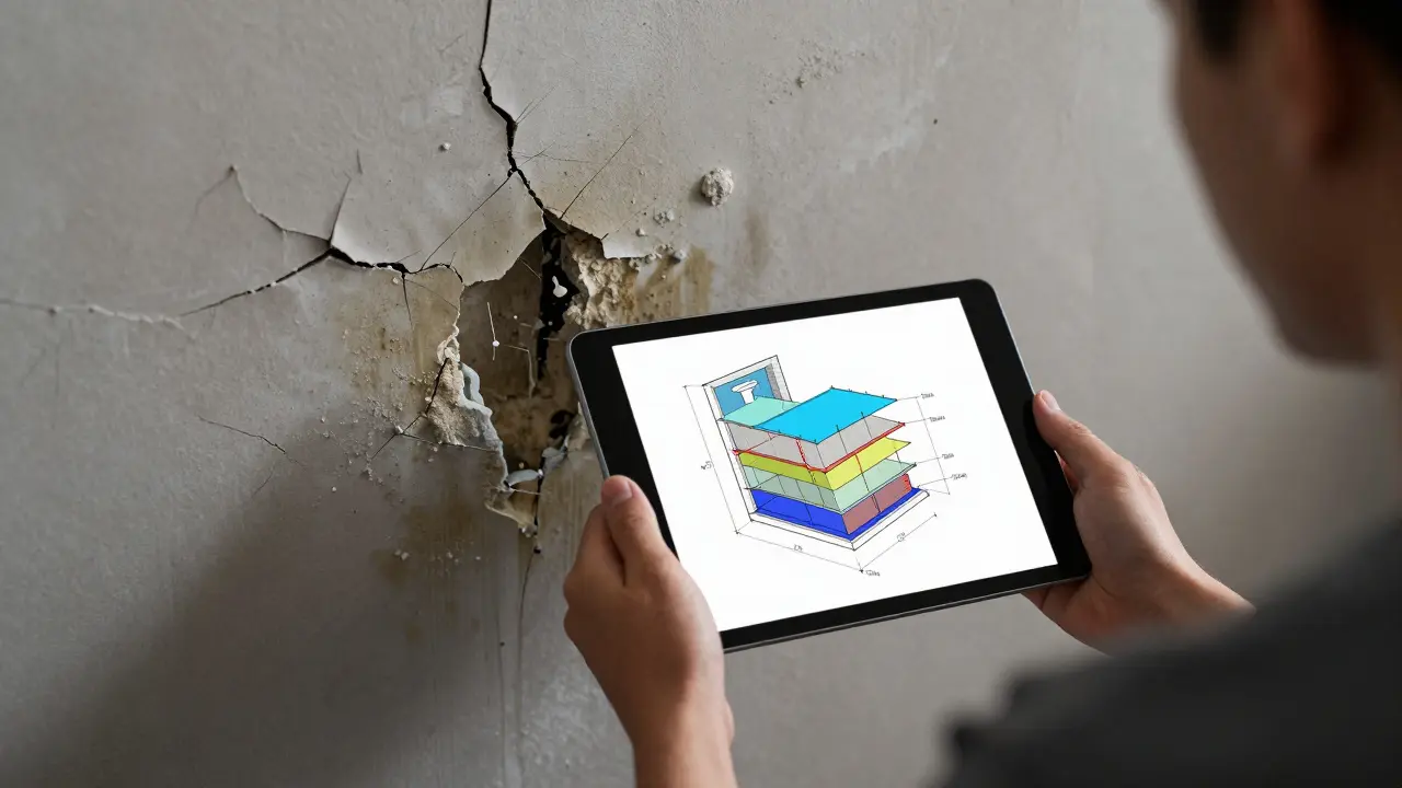 Homeowner mit BIM-Modell, hinter ihm schimmelt eine fehlerhafte Sanierung als düstere Vision.