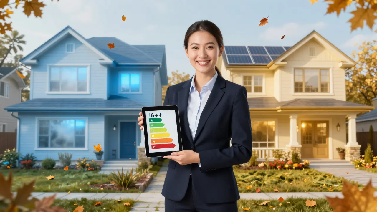 Immobilienberater zeigt auf einem Tablet den Energieeffizienz-Index zwischen einem schlecht und einem gut gedämmten Haus.