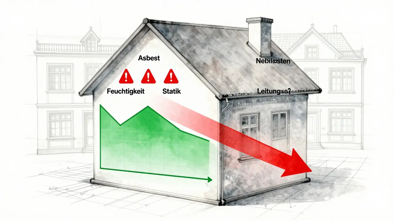 Konzeptuelle Darstellung eines Hauses mit verborgenen Renovierungskosten als Warnsymbole.