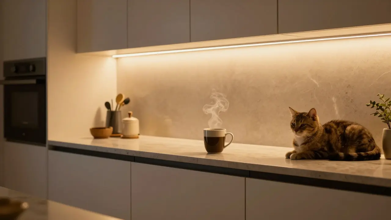 Modernisierte Küche mit LED-Beleuchtung, neuen Fronten und einem Kaffee auf der Theke.