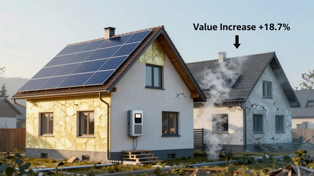 Modernisierte Wohnung mit neuen Fenstern und Dämmung neben einem verfallenen Vorgängerhaus, mit Wertsteigerungs-Pfeil und Sonnenlicht als Symbol für Erneuerung.