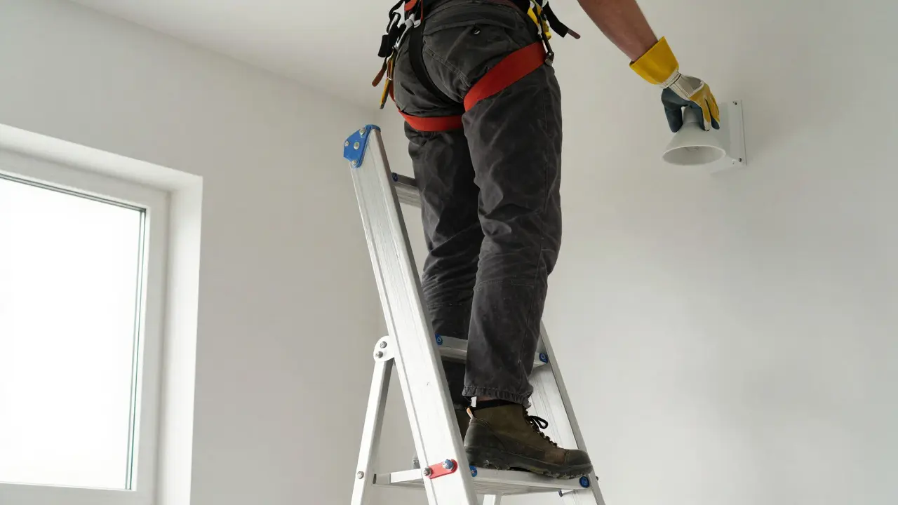 Person wechselt eine Lampe auf einer nichtleitenden Fiberglas-Leiter mit korrektem Abstand zur Wand.