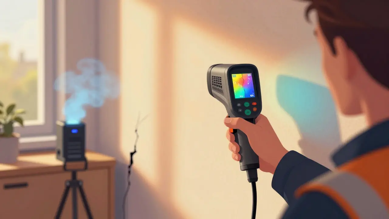 Professioneller Prüfer mit Wärmebildkamera an einer Wand, Temperaturunterschiede als Farbverläufe sichtbar.