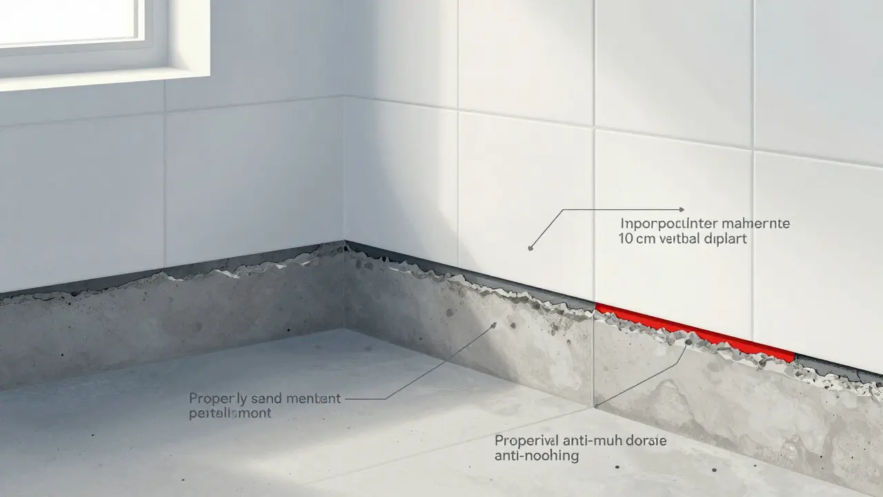 Querschnitt einer fehlerfreien Badabdichtung mit 10 cm Wandüberlappung und schimmelresistenter Fuge.