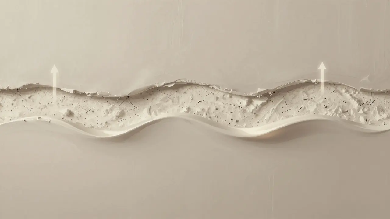 Querschnitt einer professionell verputzten Wand mit Feuchtigkeitsregulierung.