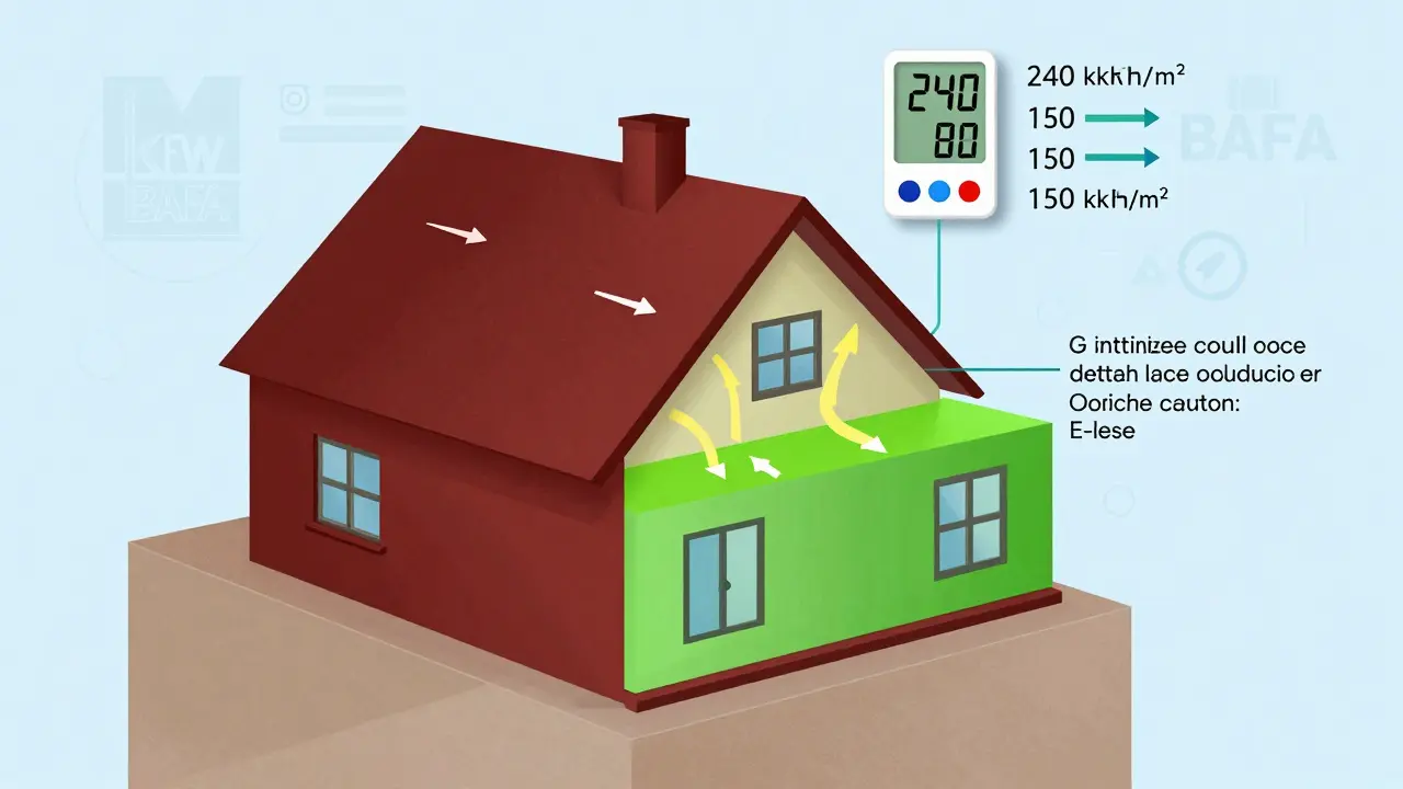 Querschnitt eines Hauses mit farblich gekennzeichneten Wärmeverlusten und Sanierungsmaßnahmen.