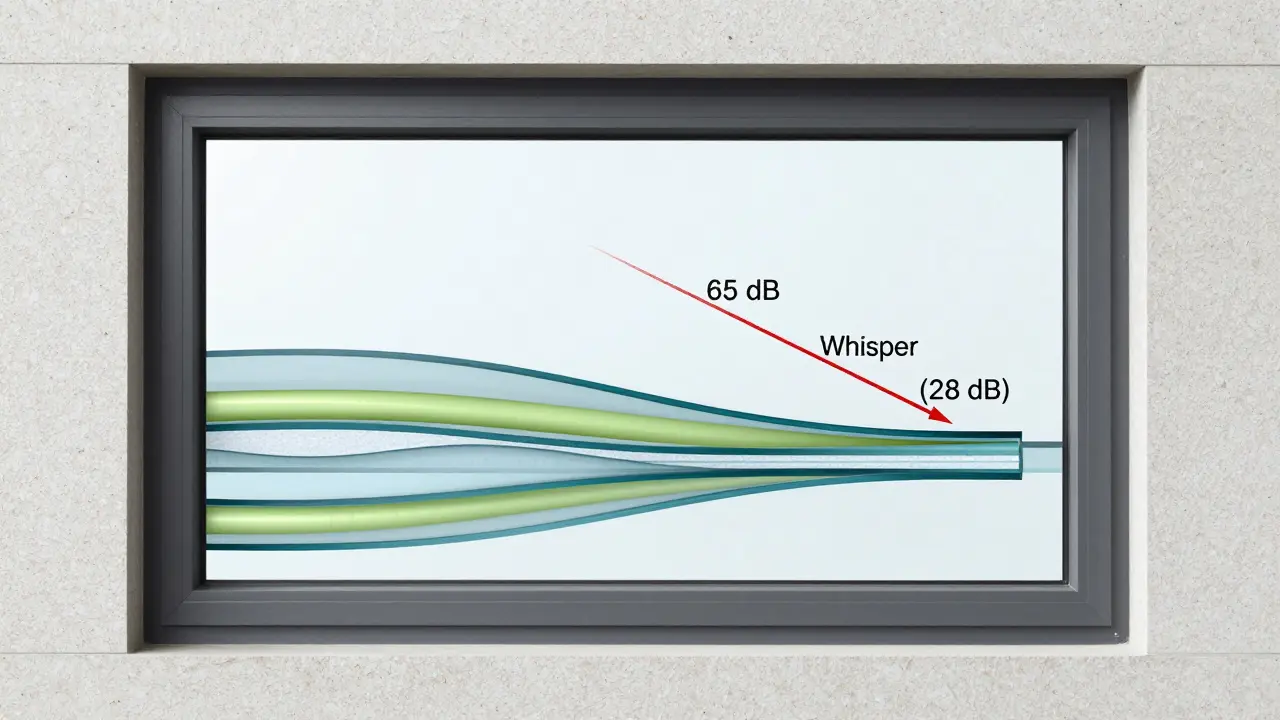 Querschnitt eines schalldämmenden Fensters mit mehreren Glasschichten und Gasfüllung, Technikillustration.