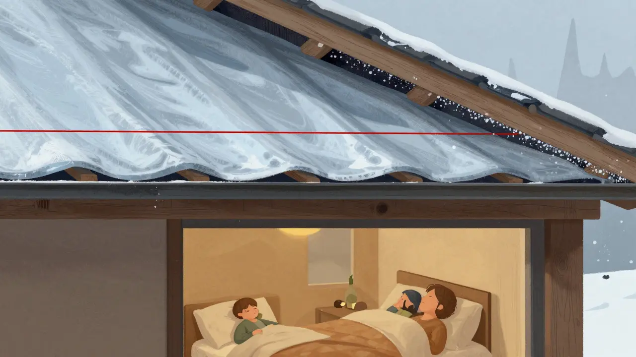 Querschnitt eines winterlichen Dachstuhls mit Kondenswasser an Sparren und trocknender Dichtung, im Inneren warme Wohnräume.