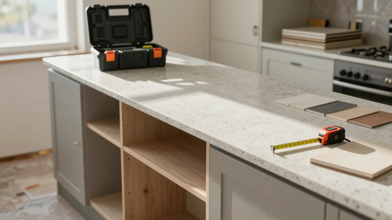 Renovierung einer Küche: Neue Arbeitsplatte wird eingesetzt, alte Fronten liegen bereit.