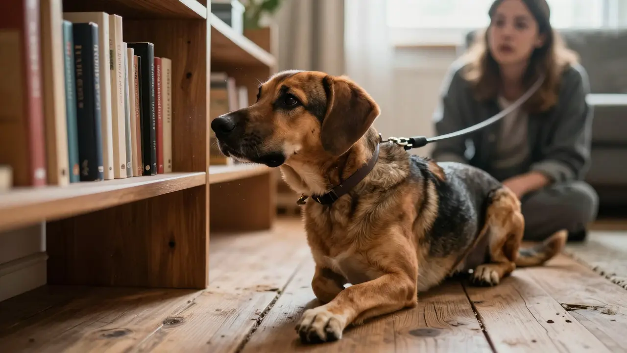 Schimmel-Spürhund konzentriert auf eine Wandstelle hinter einem Bücherregal, Besitzer beobachtet gespannt.