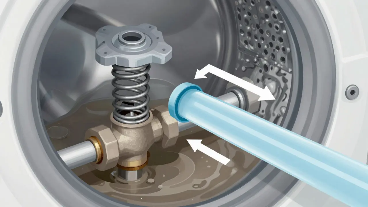 Schnitt durch ein Rückflussverhinderer-Ventil mit Federmechanismus und Wasserströmen