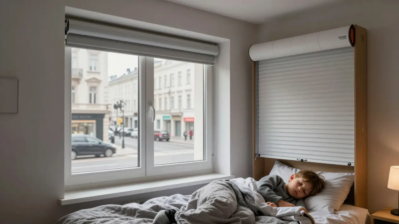 Schüco OpenSilent-Fenster im Kippmodus, frische Luft strömt leise ein, Kind schläft im Zimmer.