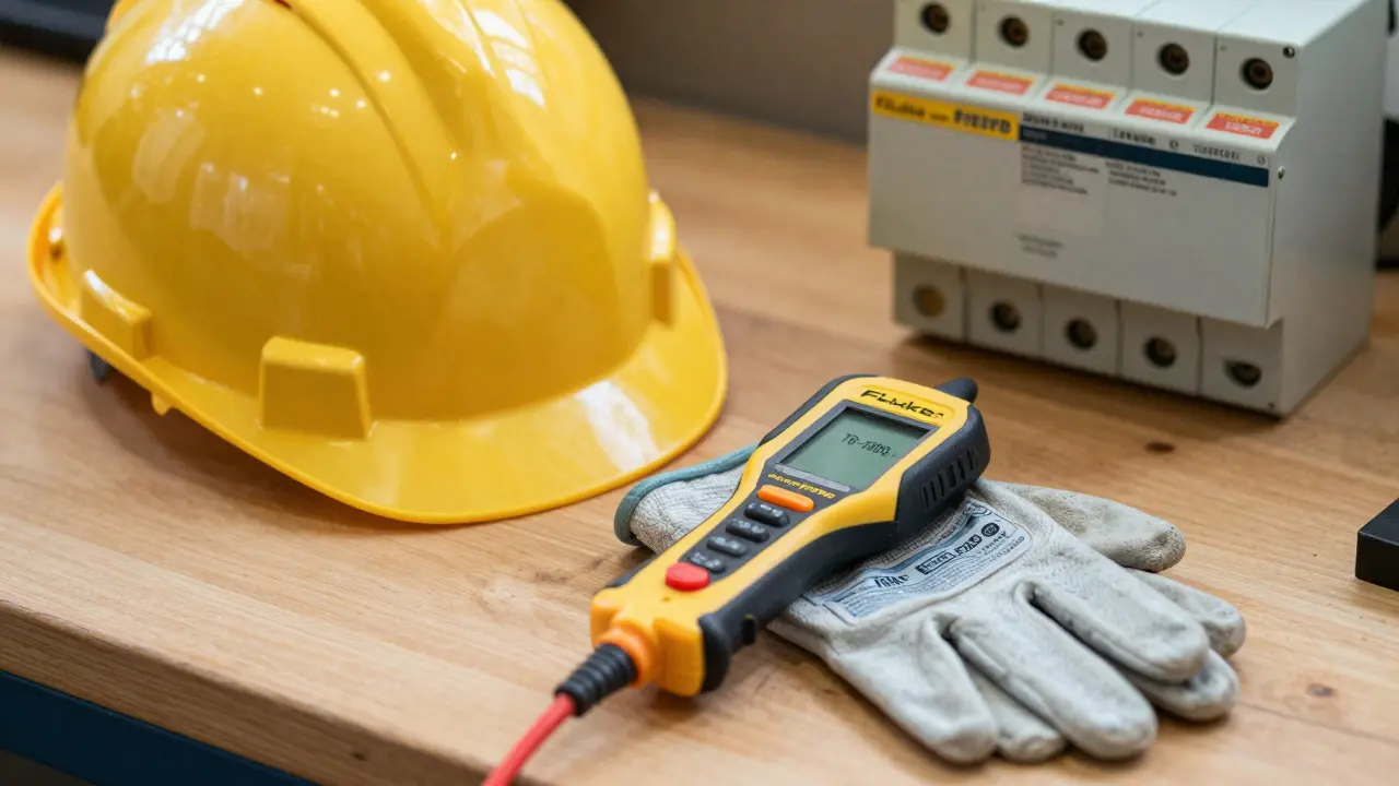 Sicherheitsausrüstung: Handschuhe, Spannungsprüfer und Sicherungsschloss auf Werkbank.