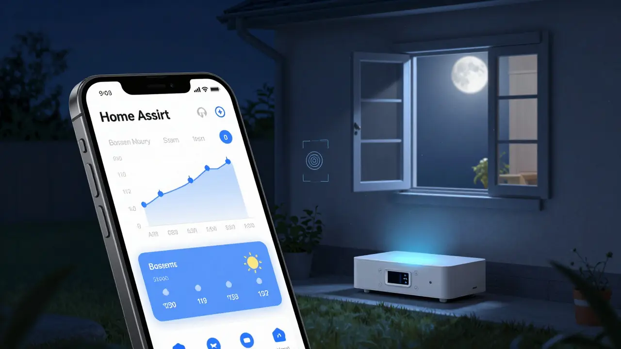 Smartphone zeigt eine Smart-Home-App mit Kellerluftdaten, während ein Kellerfenster nachts automatisch öffnet.