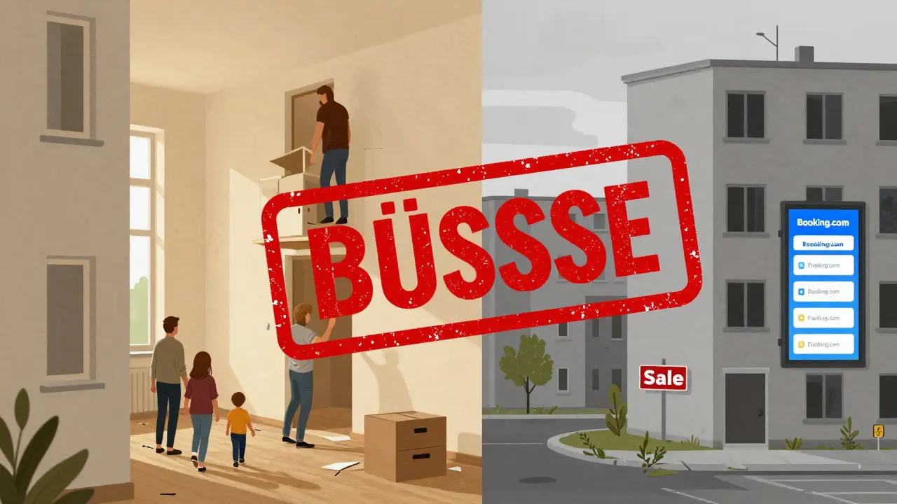 Stadtbild mit warmen Wohnungen links und verlassenen Ferienwohnungen rechts, überlagert von einem Bußgeld-Stempel.