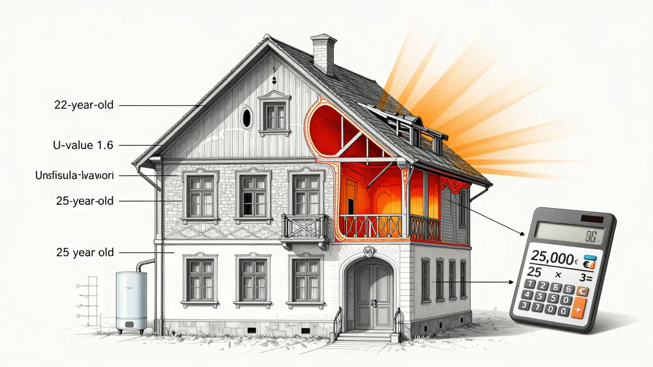 Technische Schnittansicht eines Altbaus mit markierten Bauteilen und Berechnung der Wertminderung durch fehlende Dämmung und veraltete Technik.