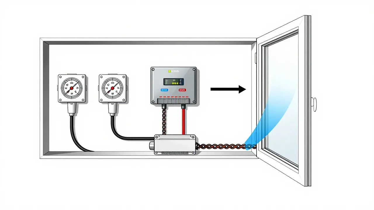 Technische Zeichnung eines automatischen Kellerlüftungssystems mit Sensoren, Steuerung und Fensterantrieb in schematischer Darstellung.