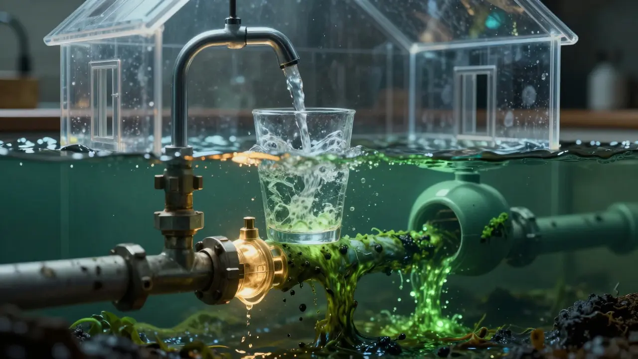 Transparenzansicht eines Hauses mit kontaminiertem und reinem Wasserfluss in den Leitungen