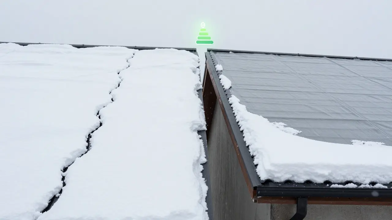 Vergleich eines beschädigten und eines sanierten Daches im Winter mit Schneefanggittern und isolierten Materialien.