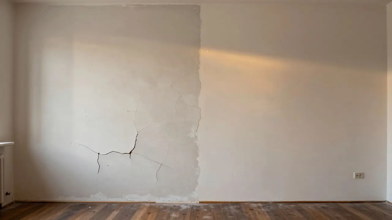 Vergleich: links unvollständig verputzte Wand mit Rissen, rechts professionell verarbeitete, glatte Oberfläche.