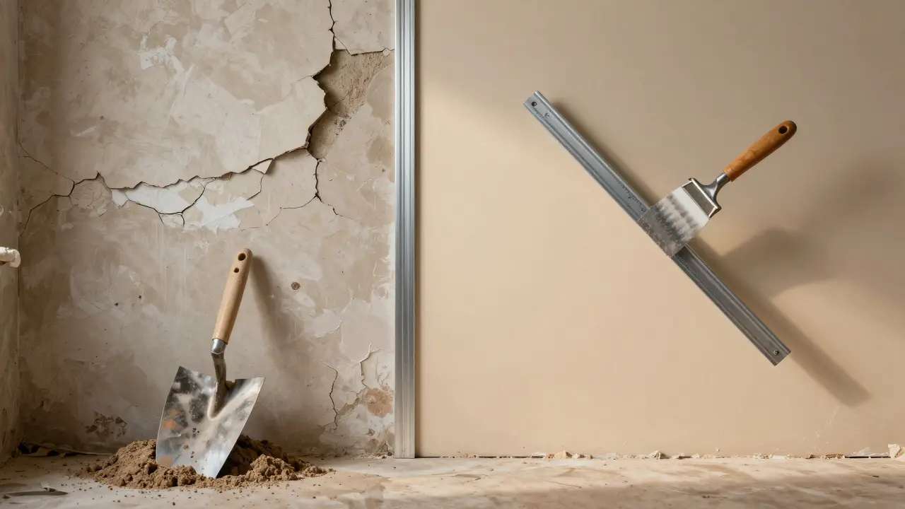 Vergleich: ungleichmäßige Putzoberfläche links, perfekt glatte Fläche rechts.