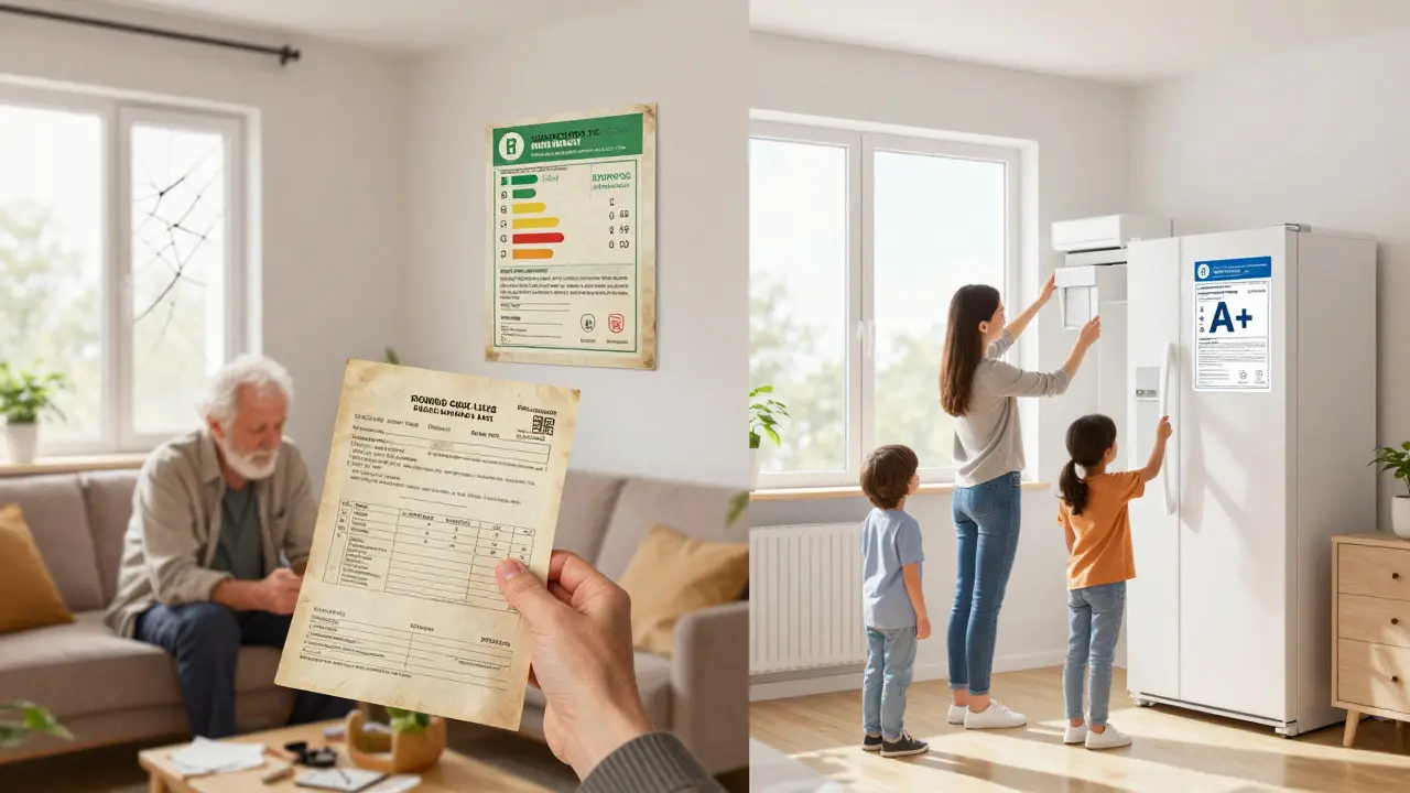 Vergleich zweier Wohnungen: eine mit alten Fenstern und schlechter Energiebilanz, die andere modern und energieeffizient.