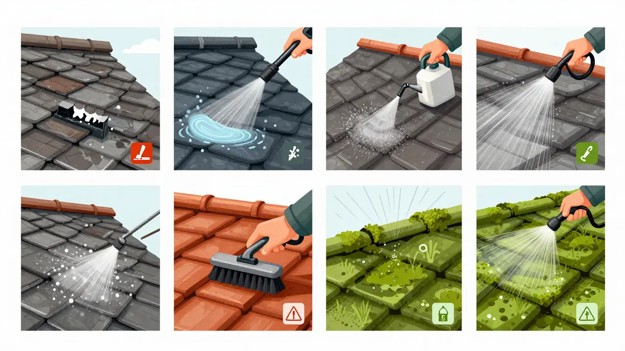 Vier Reinigungsmethoden für Dächer: Hochdruck, Chemie, manuell und mikrobiell – vergleichende Darstellung.