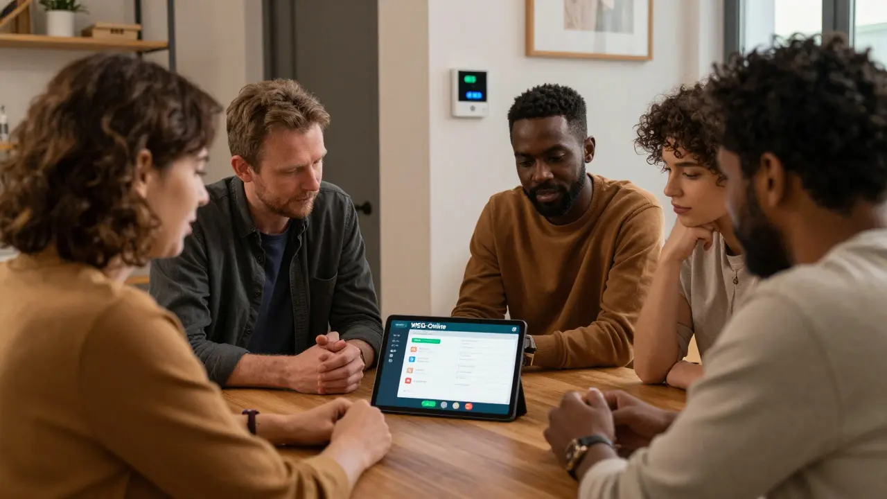 Wohnungseigentümer nehmen an einer sicheren Online-Versammlung mit Abstimmung teil.