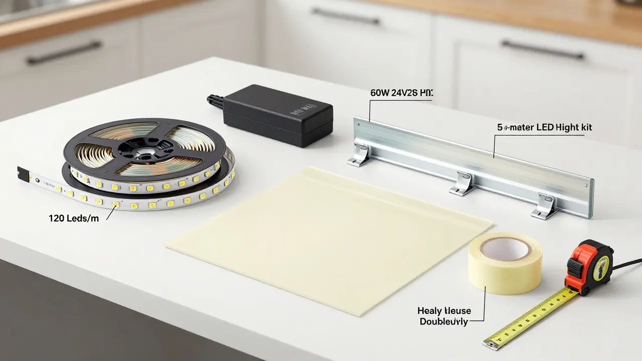 DIY-LED-Kits für Küchenbeleuchtung: LED-Streifen, Aluprofil, Netzteil und Abdeckung auf Werkbank ausgelegt.