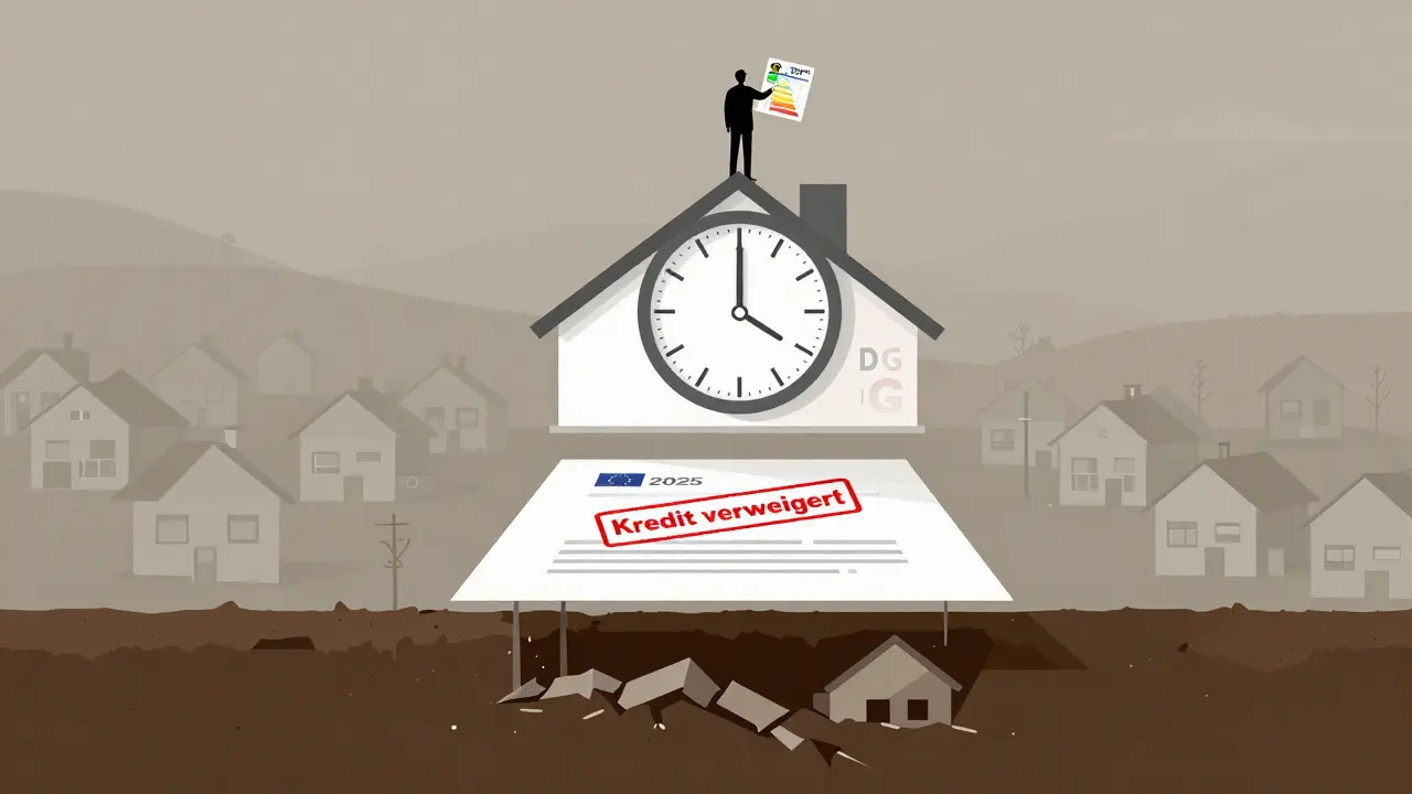 Drei Schichten: beschädigtes Fundament, abgelehnter Kredit und eine Uhr, die auf 2025 zählt — symbolisch für den Wertverlust von Immobilien.