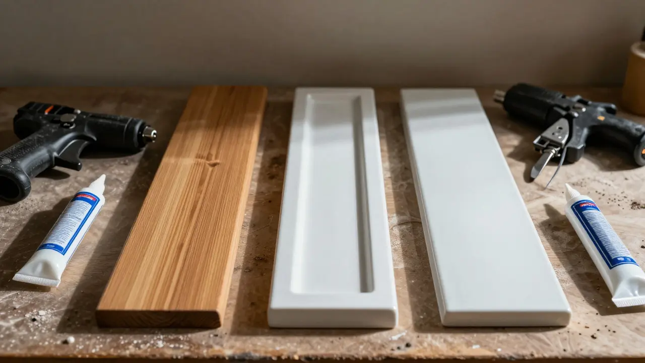 Drei verschiedene Sockelleisten-Materialien mit dazugehörigen Werkzeugen auf einer Werkbank, side-lit.