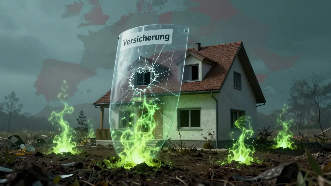 Ein Haus, das von giftig grünen Bodenverschmutzungen umgeben ist, während eine versagende Versicherungsschutz-Schicht darüber schwebt.