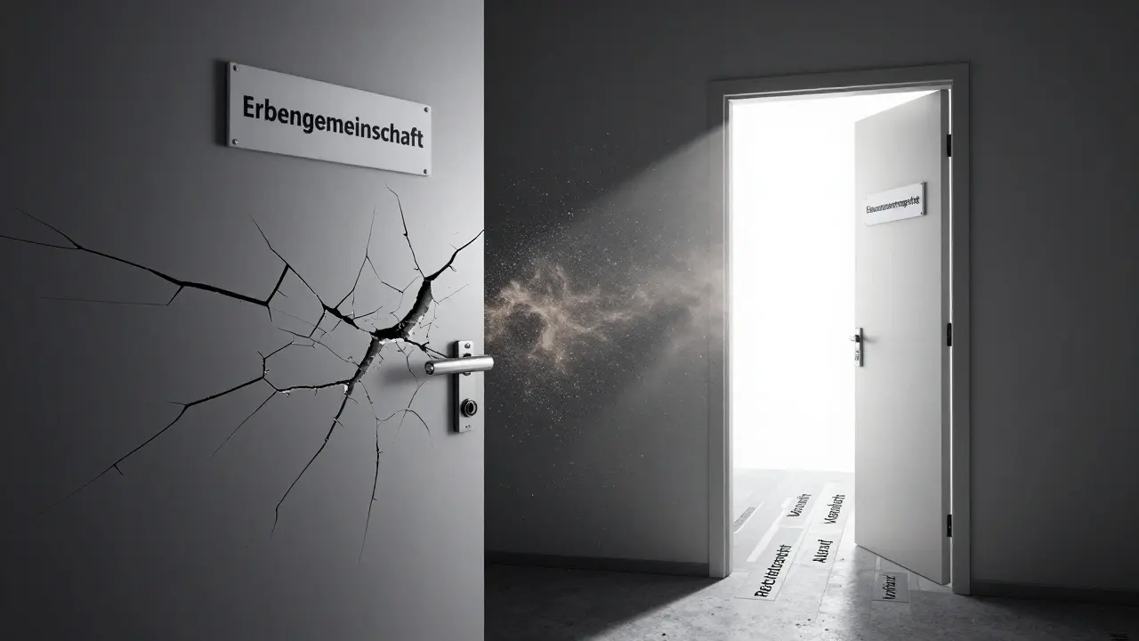 Eine verschlossene Tür der Erbengemeinschaft bricht auf, während ein klarer Weg durch den Erbauseinandersetzungsvertrag offen liegt.