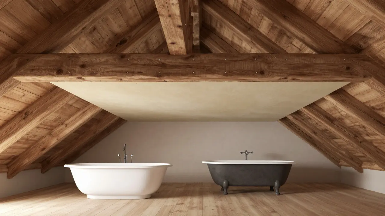 Erhaltene Holzbalkendecke mit unsichtbarer Stahlverstärkung und dünner Brandschutzplatte darunter, ohne abgehängte Decke.