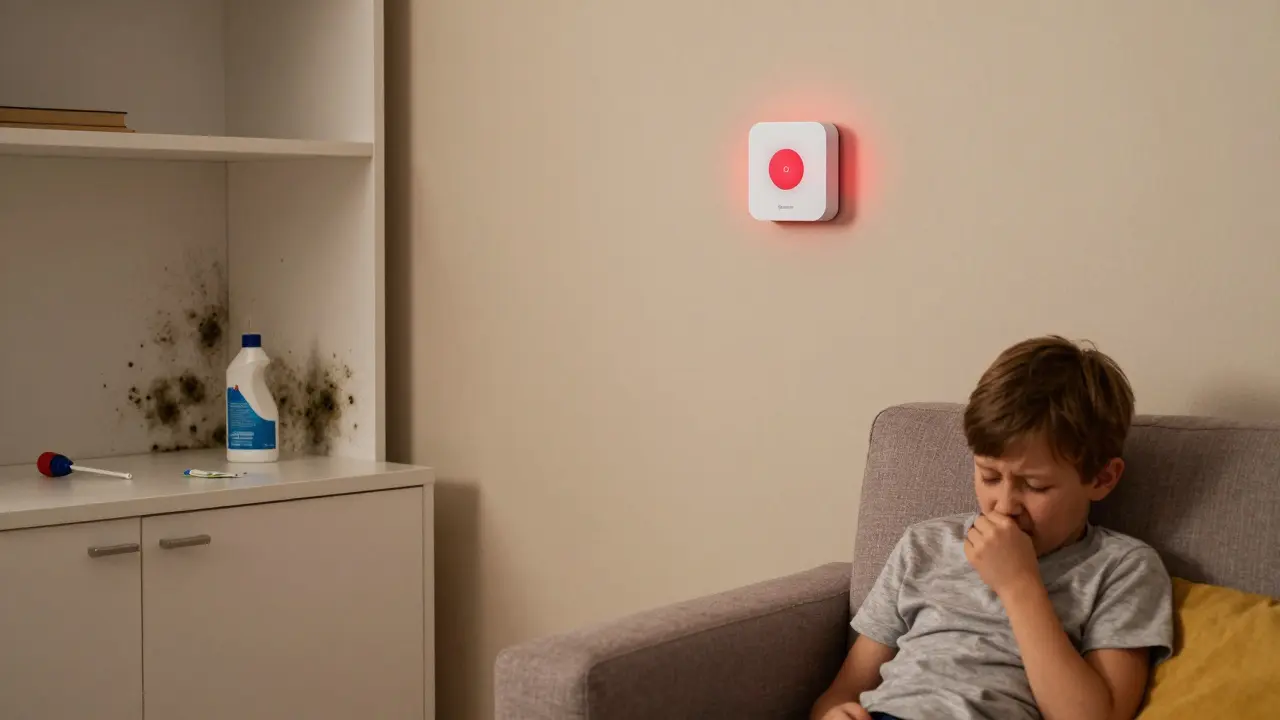 Familie in Wohnzimmer, ein Smart-Sensor warnt vor Schimmel, während ein Kind hustet – unsichtbare Gefahr verborgen hinter Möbeln.